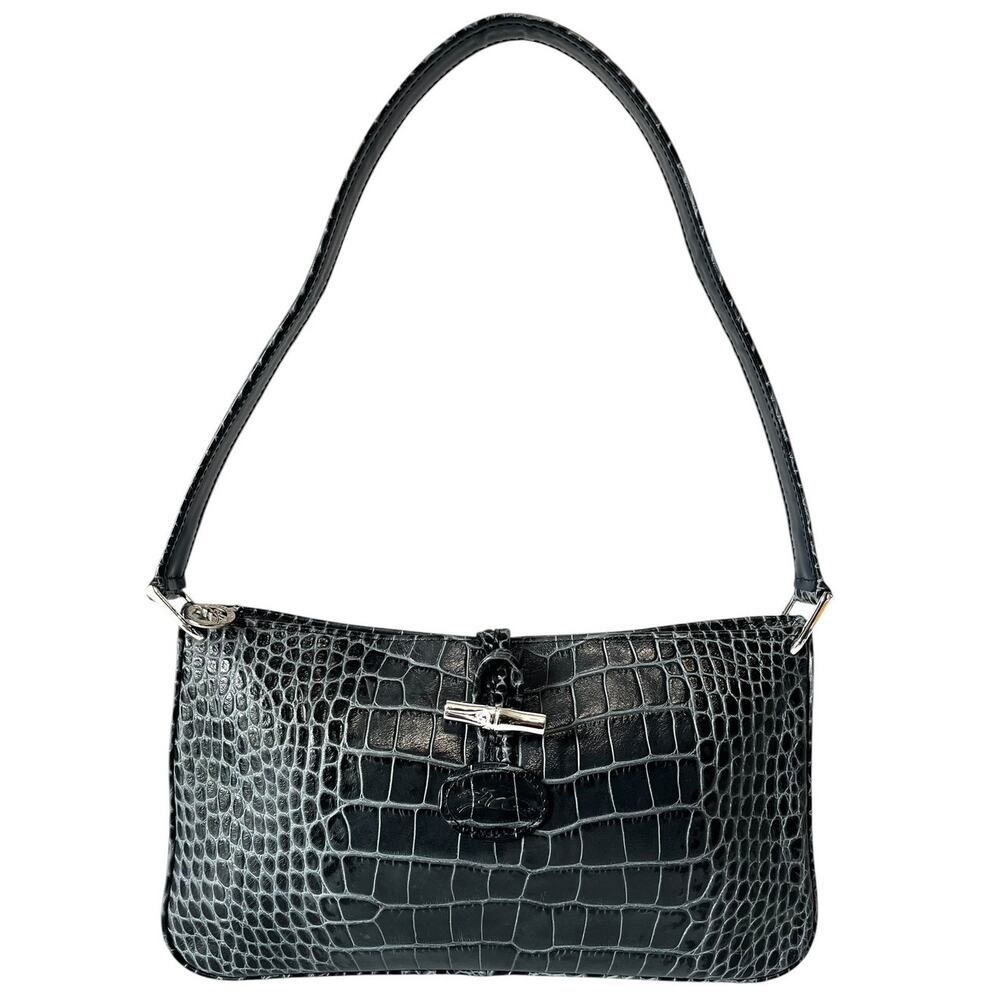 Longchamp Croc Embossed Leather Roseau Shoulder Bag Grey Vintage Y2K